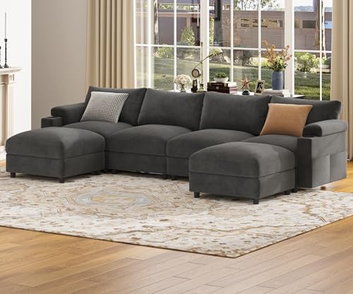 Image of Sectional Couches for Living Room FSC Certified Velvet Modular Couch Oversized Cloud U Shaped Convertible Sleeper Sofa Chaise Detachable Armrest Cushion (Velvet Grey, U Shape 6 Seat)