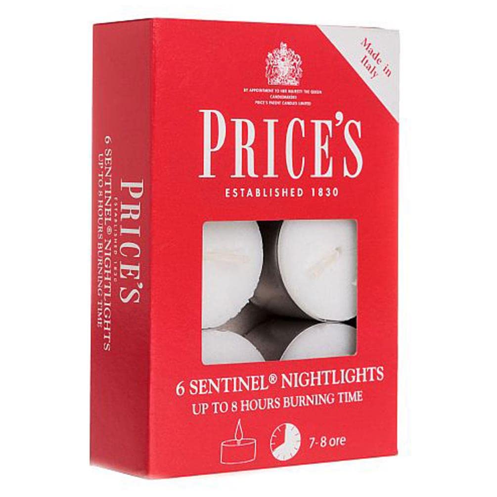 Price's - Sentinel Nightlights - 6 Pack - Long Life Tea Lights - 8 Hour Burn Time - High Quality White Wax