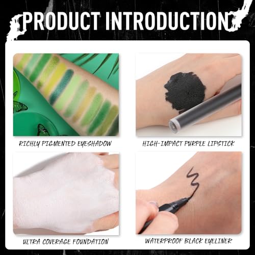 Image of UCANBE Halloween Makeup Kit - 15-Color Green Eyeshadow Palette, White Liquid Foundation, Black Liquid Lipstick & Eyeliner, Setting Powder & Sponges Makeup Set for SFX Cosplay Costume Witch Monster