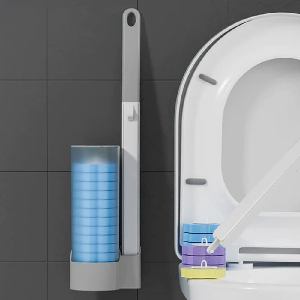 Disposable Toilet Cleaning System, Disposable Toilet Brush Holder Set with Toilet Brush Refills, Toilet Bowl Cleaner Brush for Bathroom Cleaning (Grey Set)