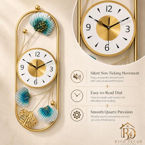 Image of Gold Metal Wall Clock for Living Room Stylish Decor | Designer Ginkgo Leaf Wall Art | Silent Non-Ticking Premium Analog Clock for Home & Bedroom