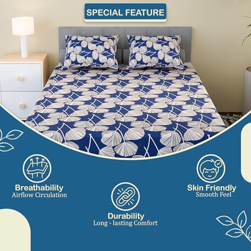 Image of Kuber Industries Cotton 144 TC Double Bedsheet With 2 Pillow Covers | Machine Washable Soft Bedsheet For Living Room, Home & Hotels | Patta Print - Blue