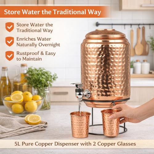 Image of Pure Copper Hammered Water Dispenser 5 Litre | Ayurvedic Water Storage Pot with Tap & 2 Copper Glasses | Rustic Finish | Rustproof & Durable | for Home & Kitchen
