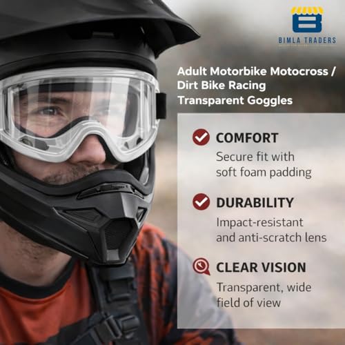 Image of Premium Adult Motocross Dirt Bike Racing, Cycling Goggles - Transparent Lens, Adjustable Strap with Extra Back Padding for Comfort