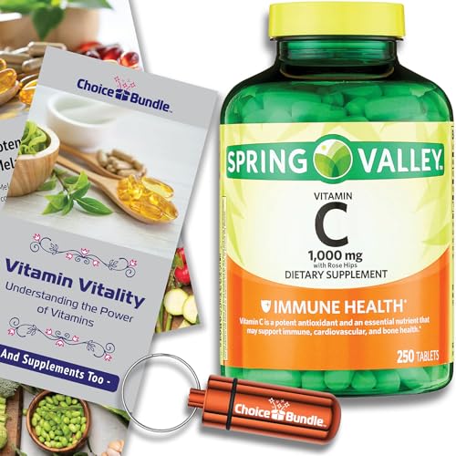 Choice Bundle Spring Valley Vitamin C 1000 mg Dietary Supplement Tablets with Rose Hips 250 Ct Plus Vitamin Guide & Portable Pill Container (3 Items)!