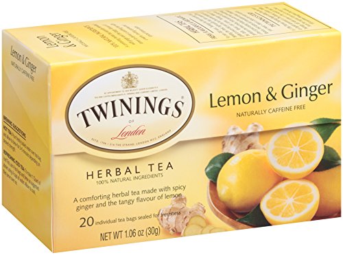 Twinings Lemon & Ginger Individually Wrapped Herbal Tea Bags, 20 Count Pack Of 6, Tangy Lemon, Spicy Ginger, Caffeine Free #TOP1