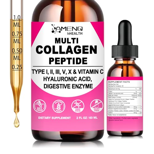 Multi Collagen Peptides Liquid Drops for Women & Men Hydrolyzed Collagen Peptides Type (I II III V X)Proteins Complex W. Hyaluronic Acid Biotin & Vitamin C Support Hair Skin Joint & Gut Health