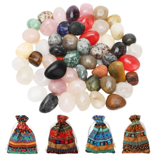 LOMUG Ädelstensset, trumma stenar, färgglada, dekorativa stenar med 4 färgglada tygpåsar, oregelbundna lyckostenar, halvädelstenar, stenar för pyssel, storlek 1,5 cm – 3 cm
