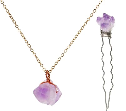 Healing Crystal Amethyst Set 1Pcs Amethyst Hairpin Silver Wire Wrapped and 1Pcs Amethyst Pendant Necklace Gold Chain for Gift