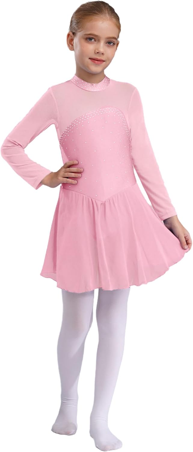 iiniim Girls Modern Contemporary Dance Dress Rhinestone Figure Skating Dress Long Sleeve Keyhole Back Ballet Leotard