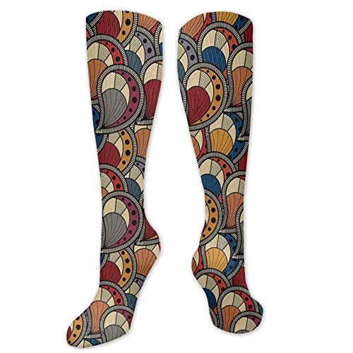 African Fashion Compression Socks,Paisley Motifs With Geometric Design Dots And Lines Performance Polyester Cushioned Athletic Crew Socks for Running,Athletic,Multicolor- 19.8 inch
