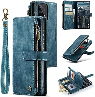 M CASEME UEEBAI Wallet Case for Samsung Galaxy A53 5G, Premium Handmade PU Leather Phone Case Card Slots Magnetic Closure Zipper Pocket Kickstand Flip Case with Hand Strap - Vintage Blue