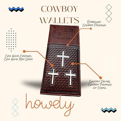Men’s Long Leather Wallet – Basketweave with Cowhide Inlay, Triple Crosses & Embossed Cowboy Praying at Cross – Western Christian Bifold Checkbook Wallet4