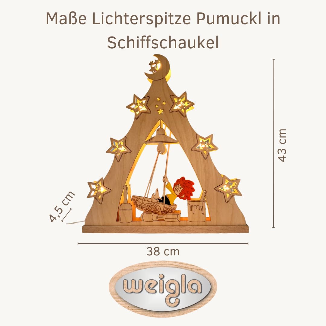 weigla - LED Lichterspitze original Erzgebirge I Motiv Pumuckl in Schiffschaukel I Lichterbogen Weihnachten I 7 Lampenkerzen + 1 Ersatzlampe I 7 x 34 V, 0,2 W, E10 I Weihnachtsdeko innen I aus Holz