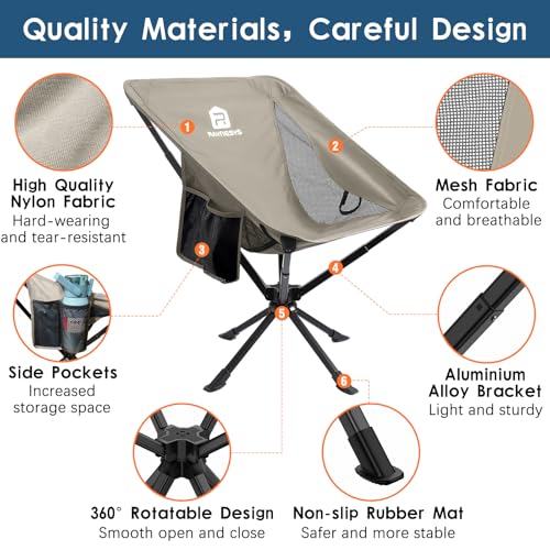 Image of Raynesys Portable Camping Chair 1 Pack, 8 Seconds Quick Setup Folding Camping Chair, Flexible 360 Rotation, 3.8Lb Lightweight Travel Chairs for Easy Carry to Hiking, Sporting, Beach, Khaki