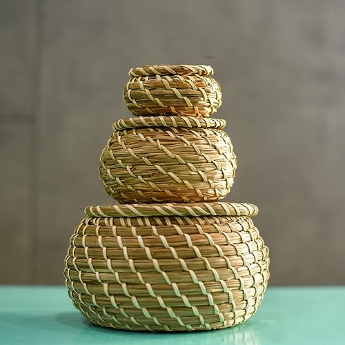 Set of 3 Seagrass Wicker Basket with Lid - Woven Round Storage Bread Chip Snack Bowl - Braided Handwoven Natural Holder, weave seagrass container,Vintage Jar Bathroom Kitchen Storage