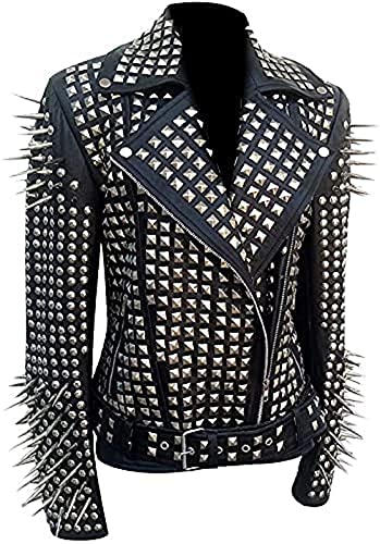 HiFacon Motorradjacke für Herren, Spike Brando, Punk-Rock-Welt-Design, Nieten, Retro, schwarz, Biker-Lederjacke Gr. XXL, Schwarz – Lederjacke mit Nieten