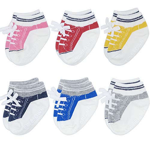 Baby Non-Slip Ankle Socks 6 Pairs - Soft Cotton, Rubber Gripper Soles For Crawling & Walking