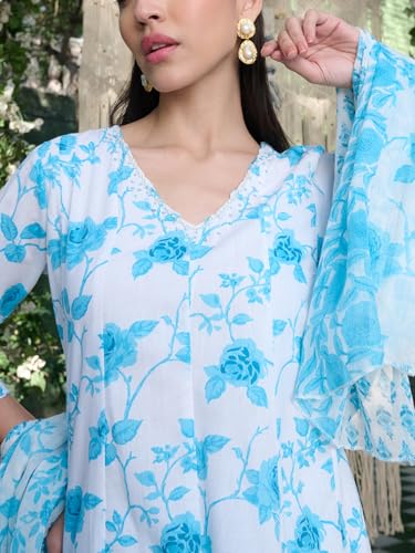 Stylum Women's Floral Printed Cotton A-Line Kurta Pant Dupatta Set (Kpdskymoringa42_Sky Blue, Xl)