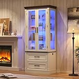 St.Mandyu 71' Tall Display Cabinet with Glass Doors, 4-Tier Lighted Curio Cabinets with 2 Storage Drawers and Metal Handle for Living Room, Home, Kitchen, White
