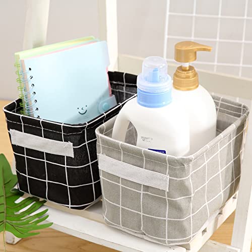 DOULEIN Fabric Storage Basket,4 Pcs Foldable Waterproof Small Baskets Mini Square Cotton Linen Organizer Box with Handles for Desktop Storage and Household Organizer