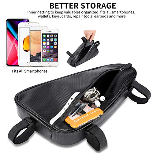 Bike Frame Bag, Waterproof Front Tube Triangle Pack Mountain Road Bicycle Storage Pouch, Bike Handlebar Bag with Reflective Strip for Cell Phone, Wallet, Repair Tool, Cycling Accessories (Black, 3L)