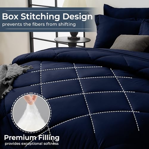 HEVUMYI Navy Blue King Comforter Set - 7-Piece All Season Bed in a Bag King, Ultra Soft Bedding Set with Comforter, Flat Sheet, Fitted Sheet, Pillowcases, Pillow Shams, Navy Blue