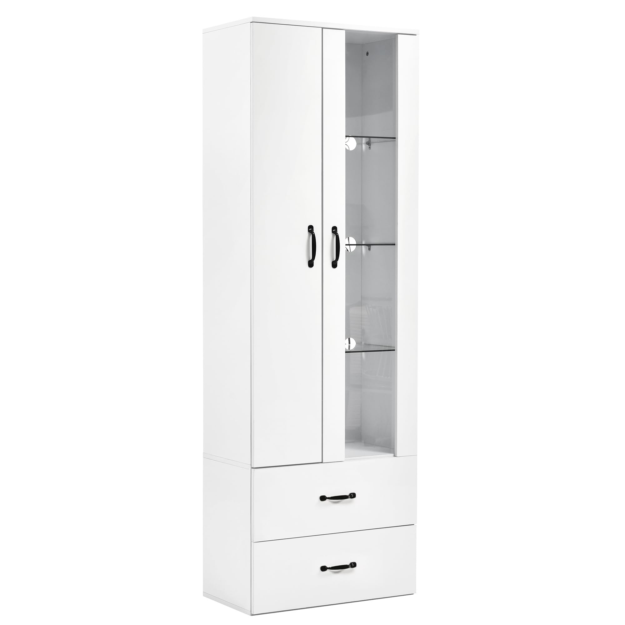 Vitrina iluminada por LED de 16 colores, 2 puertas, 2 cajones con puertas de cristal, vitrina de pie con LED blanca, para salón, pared de salón, vitrina LED, armario de buffet, estantería alta,