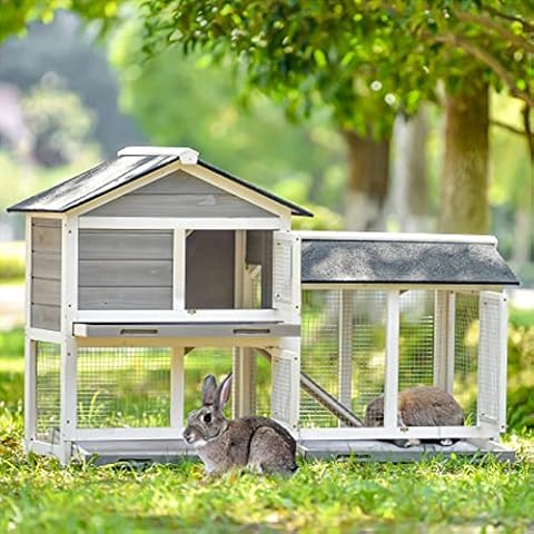 AMZOLNE 2 Tier Wooden Rabbit Cage Indoor Bunny Hutch Cover
