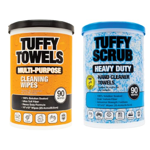 Tuffy Towels Combo 2 Pack - Heavy-Duty Scrub and Multi-Purpose Citrus Cleaning Wipes - 10 X 12 Inch, 90 Wipes Each Container