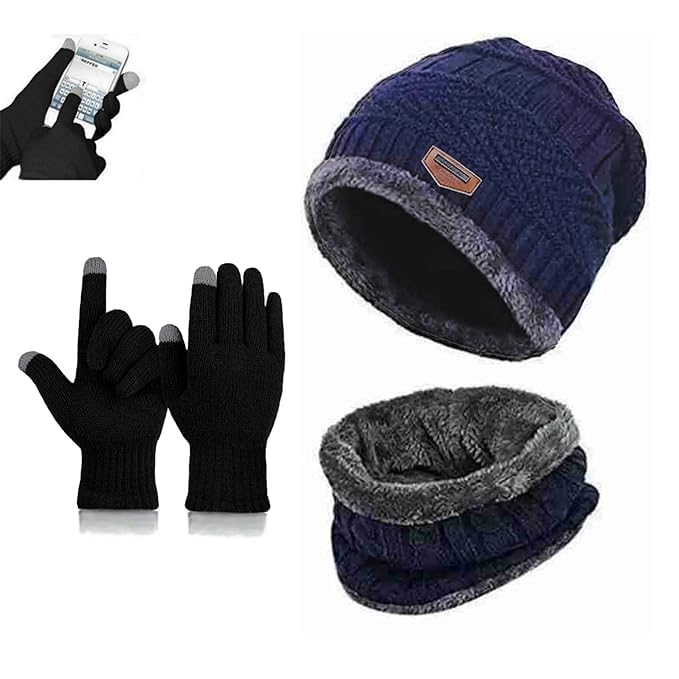 perpetualMen's Winter Wear Set - Bike Riding Gloves, Stylish Woolen Caps, Touchscreen Gloves, Neck Warmers, Beanie Cap for Cold Weather Mix Color 1 Set