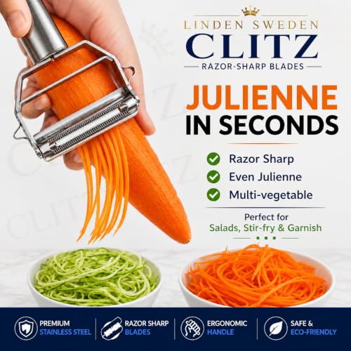 Image of Linden Sweden CLITZ 2 in 1 Stainless Steel Vegetable Peeler & Julienne Slicer with Cleaning Brush