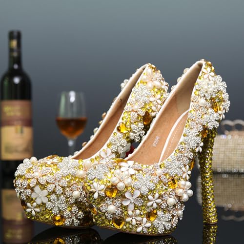 Chaussures de mariée jaune à talons hauts strass et perles élégantes taille 38