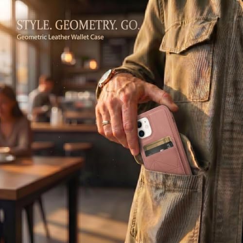 Image of amazon basics Premium Vegan Leather Back Cover with Card Holder and Integrated Mobile Stand for iPhone 11 - Slim Shockproof Wallet Case with Geometric Stitching [Pink]