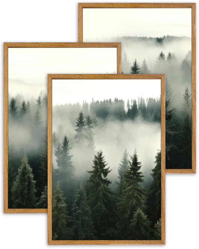 UPWOIGH Large Framed Wall Art, Set of 3 Foggy Forest Prints, 16x24in(40x60CM) Natural Cotton Canvas Posters, Misty Woodland Triptych, Green Nature Modern Decor for Living Room, Bedroom, Office, Gifts
