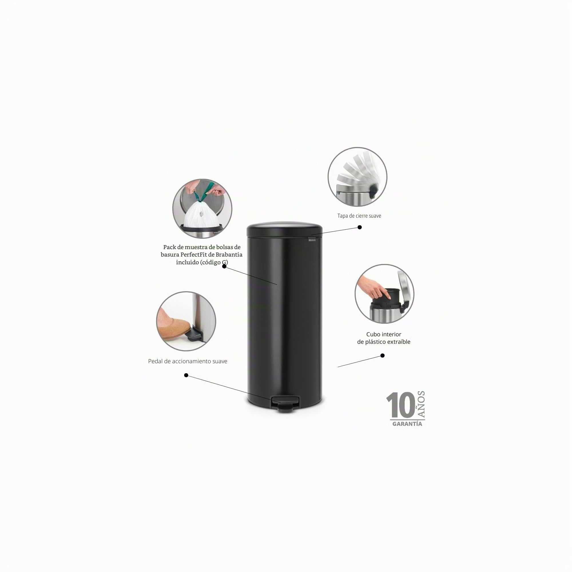 Brabantia Newicon Cubo de Basura con Pedal, Acero Inoxidable, Negro Mate, 30L