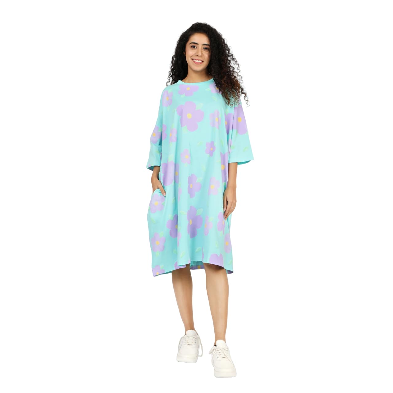 LAMA STORE Women's Cat Print Oversized T-Shirt Dress, Light Blue, Cotton, 3/4 Sleeve Lenght, Casual Loose Fit, Comfort Wear