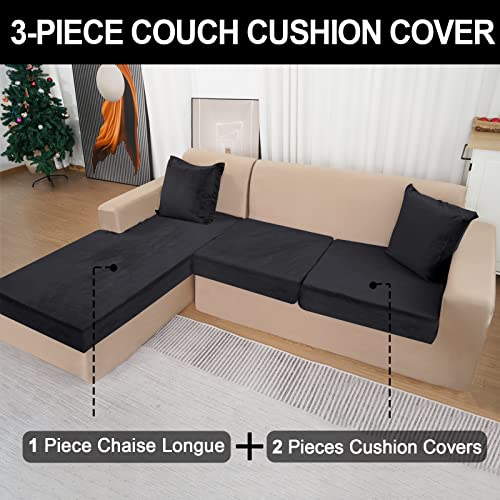 Bt.wa Sectional Couch Covers For 3-Piece Seat Cushion Velvet Sofa Cushion Cover L Shape Separated Couch Slipcover With 2 Pcs Pillowcases Furniture Protector (Sofa 2 Seater + 1 Chaise, Black) #TOP1