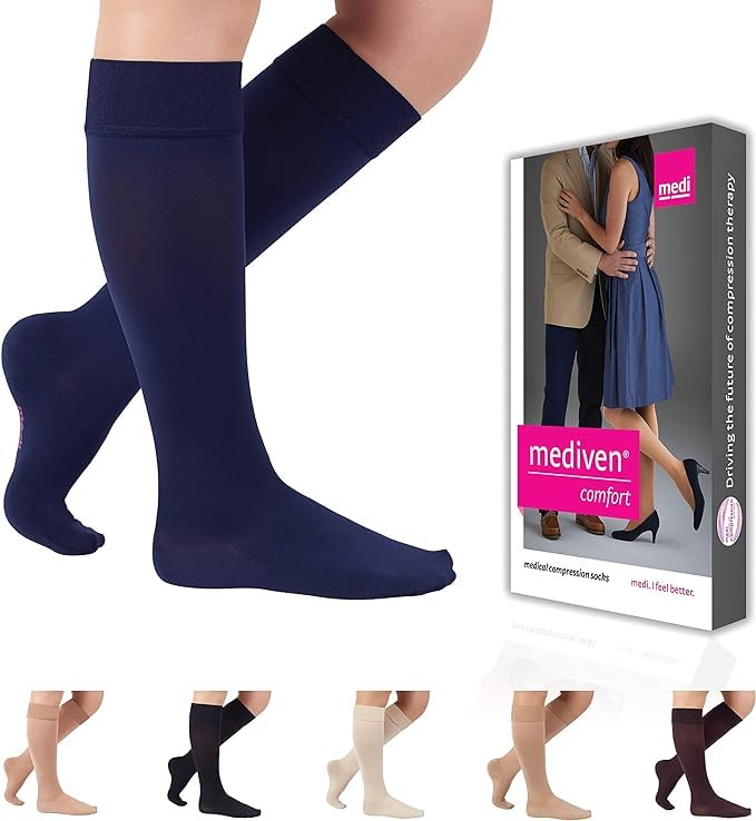 Image of Mediven Women's Comfort Knee High 20-30mmHg Semi-Sheer Compression Stocking | Soft, opaque graduated knee high stockings for women with comfortable design for work, travel, and daily wear.