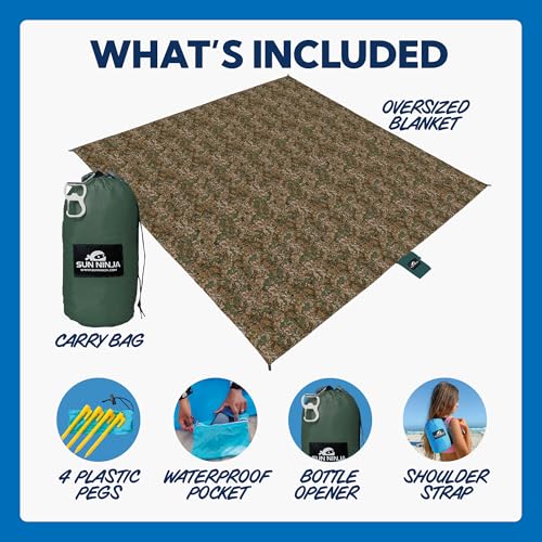 Image of SUN NINJA Sand Free Beach Blanket, Sandproof Beach Mat, 10ft x 9ft, Camo