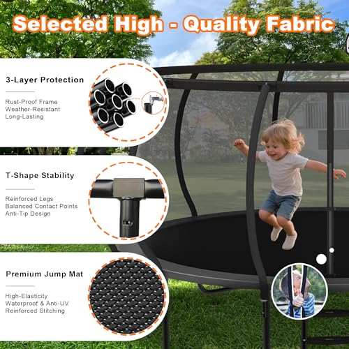 DeepRoar Tranpoline 8/10/12/14/15/16FT Pumpkin Tranpoline for Kids, Heavy Duty Outdoor Tranpolines with Basketball Hoop, Safety Enclosure Net, Light, Sprinkler, Socks, ASTM Approved