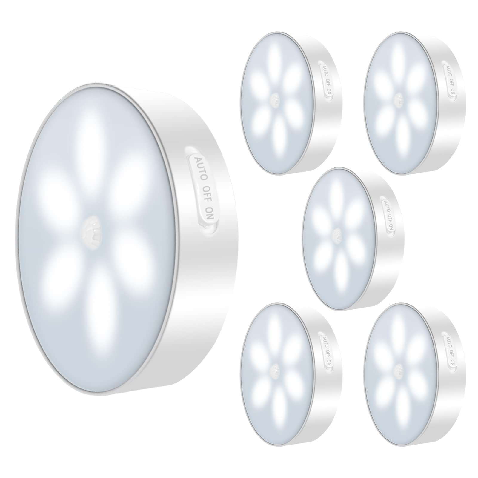DIBMS Smart Motion Sensor Night Light, Wireless USB Rechargeable Auto On/Off LED Puck Under Counter Light Lamp with Magnetic for Indoor Kitchen Bathroom Bedroom Stair Cabinet Closet White, 6-Pack