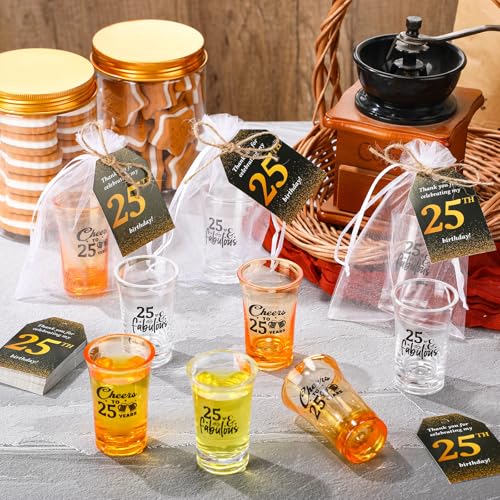 Skybooly 50 Sets Birthday Party Favors for Guests Souvenir Short Glasses Acrylic Clear Shot Glasses Thank You Tags with Organza Bags Twine for Anniversary Wedding Shower(Cheers to 25 Years) by Skybooly - Used condition - Image 7