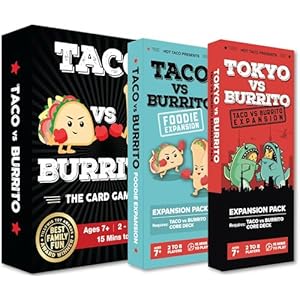Taco vs Burrito Game Bundle + 2 Expansion Packs Bundle – Family Fun and Party Game for Kids, Teens and Adults – Ages 7+ – 2-8 Players – Surprisingly Strategic Card Game