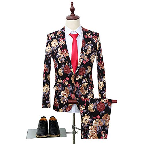 Cloudstyle Mens 2 Piece Suit Notched Lapel Sport Coat Floral One Button Slim Fit Tweed Suit2