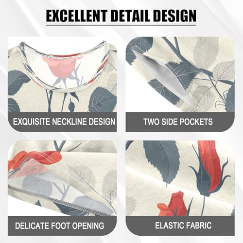 senya Short Sleeve Pajamas Sets Summer Cotton Sleepwear Flower Leaves Rose Ink Red White4