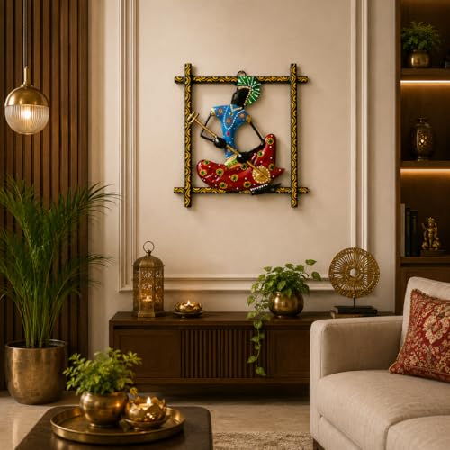 Image of iHandikart Handmade Metal Wall Art Sculpture for Home Decor | Traditional Rajasthani Musician Wall Hanging | Hand-Painted Iron Wall Art with Stone Work | Wall Art for Living Room & Bedroom | 9 x 9 Inch