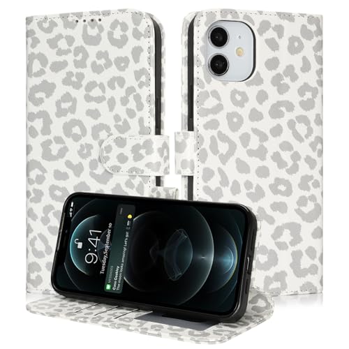 Image of for iPhone 12 Case Wallet with Card Holder,for iPhone 12 Pro Wallet Case for Women Men,PU Leather Shockproof Magnetic Buckle Stand Flip Phone Case-White Leopard
