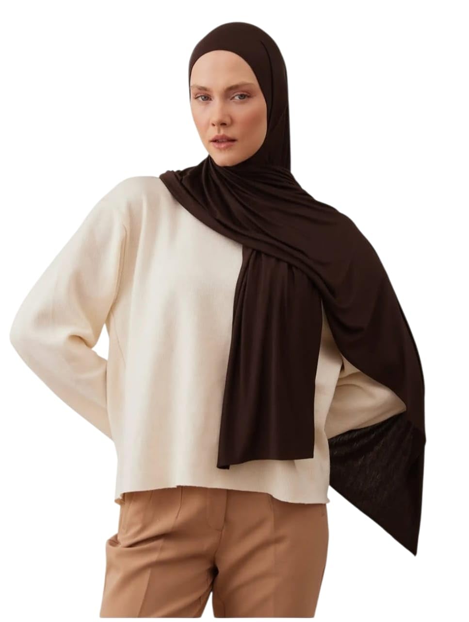 Premium Jersey Hijab Scarf, Soft Cotton Blend, Dark coffee Brown-picture-42