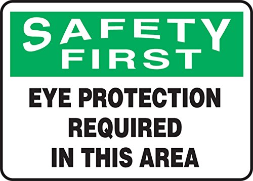 Affiche safety first eye protection required 7x10 pouces aluminium vert noir blanc